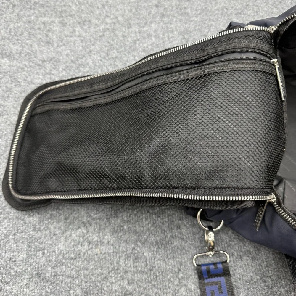 Versace Parfums Navy Blue Nylon Duffel Weekend Bag Greca Pattern Backpack Straps